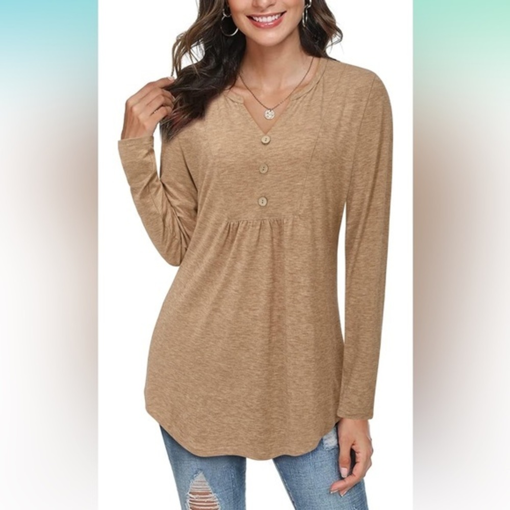 Long Sleeve Tunic Tops Henley V Neck LAISHEN Blouse size large